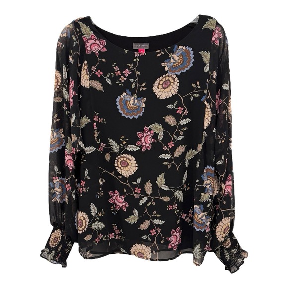 Vince Camuto Tops - Vince Camuto Top XL Sheer Black Multi Floral Bishop Sleeves Stretch Cuffs Lined